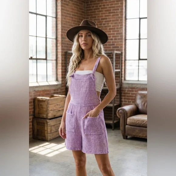 NWT Textured Gauze Washed Lavender Knot Strap Jumper Overalls Shortalls Romper - Picture 3 of 7